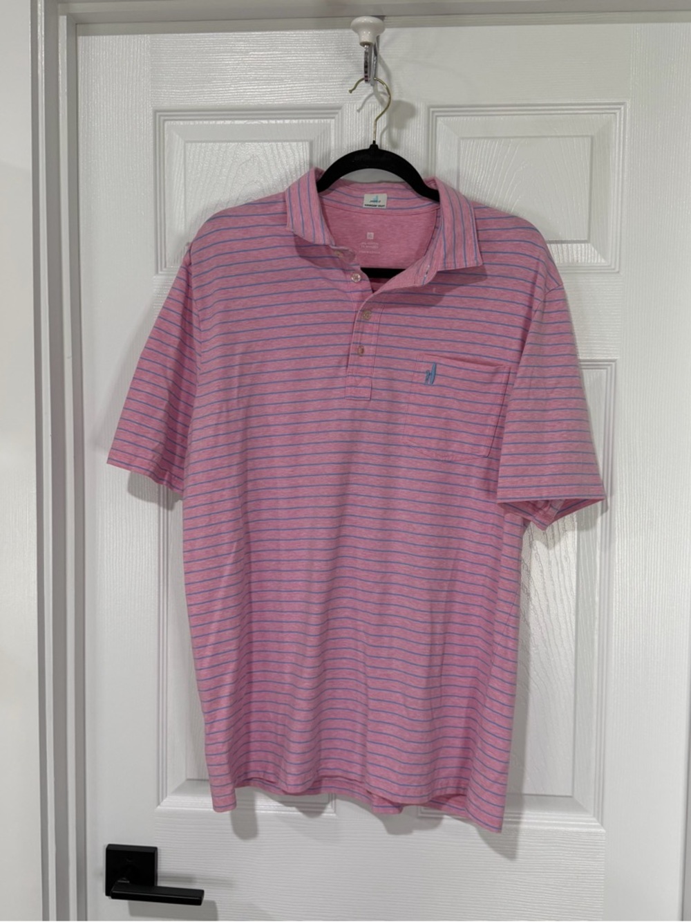 johnnie-O Pink Polo with Thin Blue Stripes